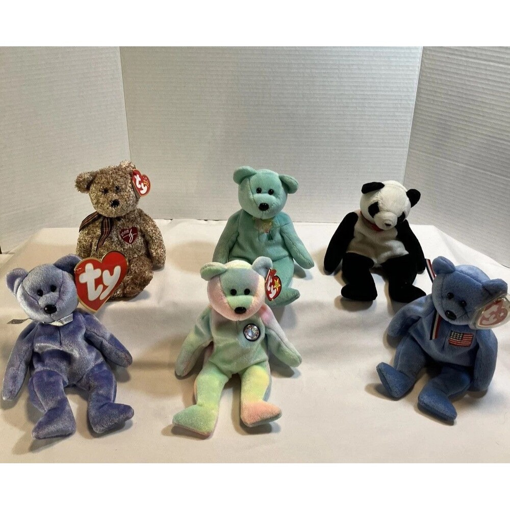Lot Of Ty Beanie Baby America, Ariel, Birthday, Clubby II, Panda, Signature Bear